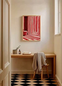 An elegant cat among bold, red stripes creates a surreal bathroom moment-8