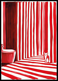 En elegant katt bland djärva, röda ränder skapar ett surrealistiskt badrumsögonblick-6