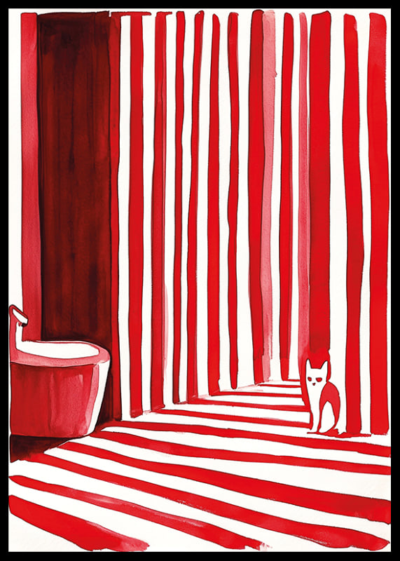 En elegant katt bland djärva, röda ränder skapar ett surrealistiskt badrumsögonblick-12