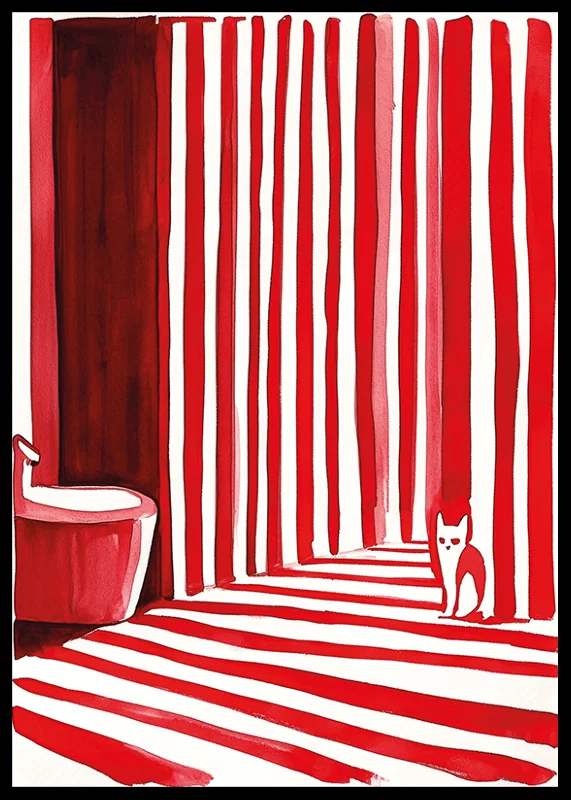 An elegant cat among bold, red stripes creates a surreal bathroom moment-12