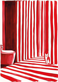 En elegant katt bland djärva, röda ränder skapar ett surrealistiskt badrumsögonblick-7