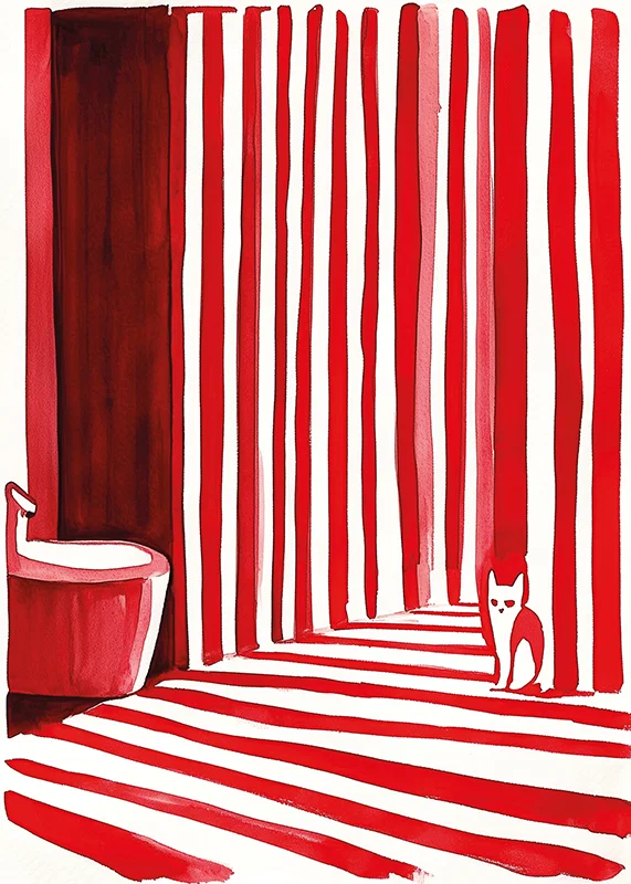 An elegant cat among bold, red stripes creates a surreal bathroom moment-12