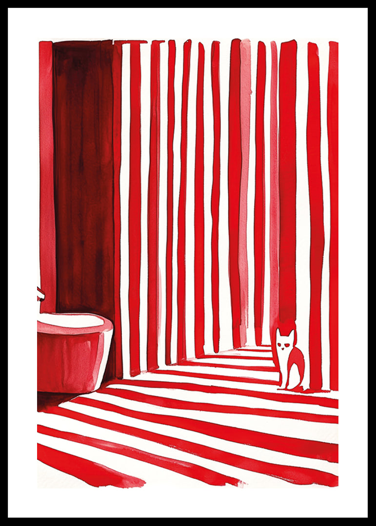 En elegant katt bland djärva, röda ränder skapar ett surrealistiskt badrumsögonblick-12
