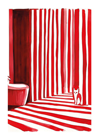 En elegant katt bland djärva, röda ränder skapar ett surrealistiskt badrumsögonblick-1