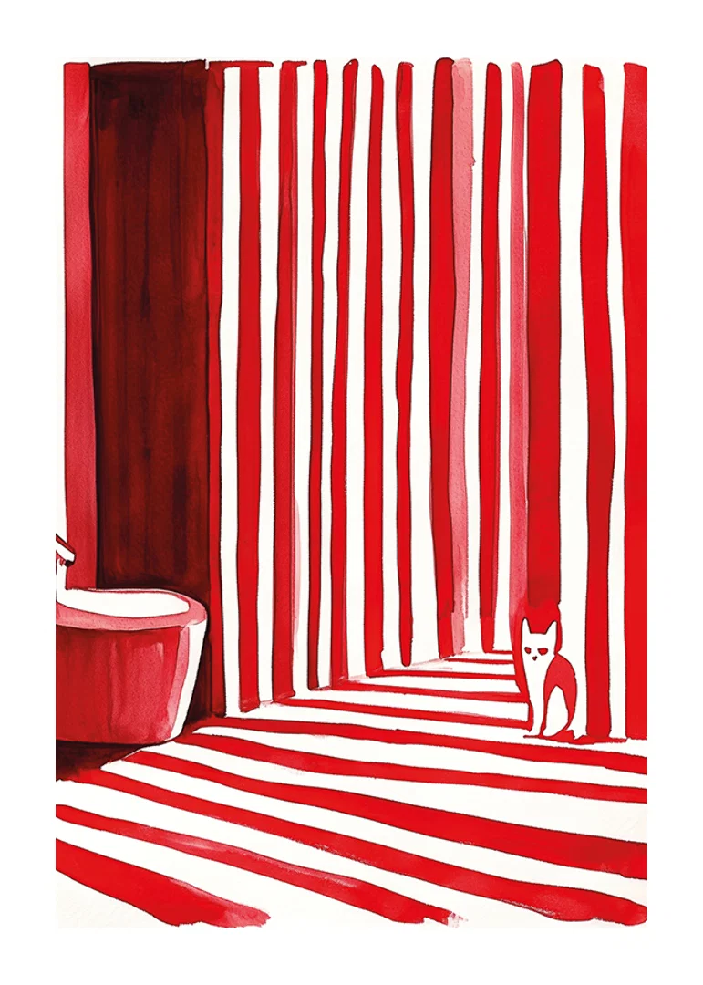 An elegant cat among bold, red stripes creates a surreal bathroom moment-12