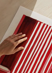 An elegant cat among bold, red stripes creates a surreal bathroom moment-9