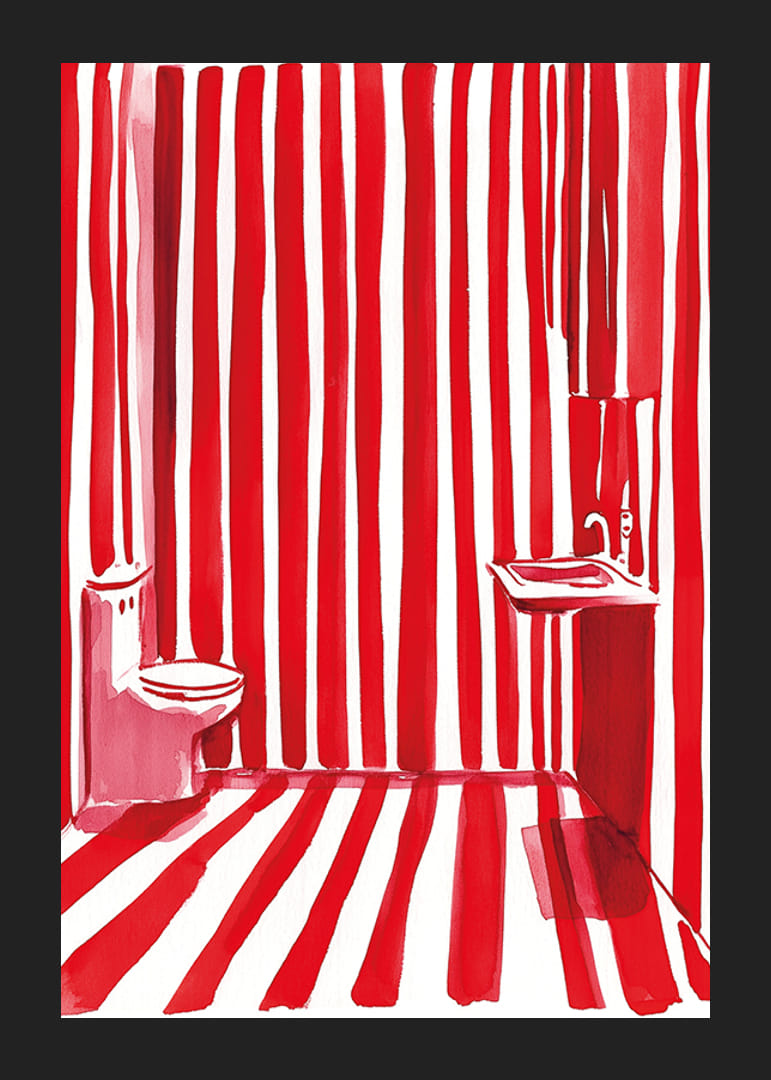 Une affiche de salle de bain audacieuse et dynamique avec des rayures rouges et blanches-12