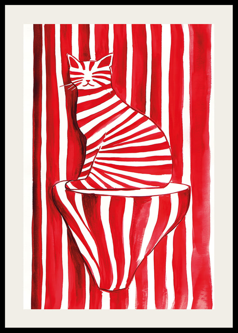 En strimmig katt smälter samman med rödvita ränder i ett lekfullt mönster-12