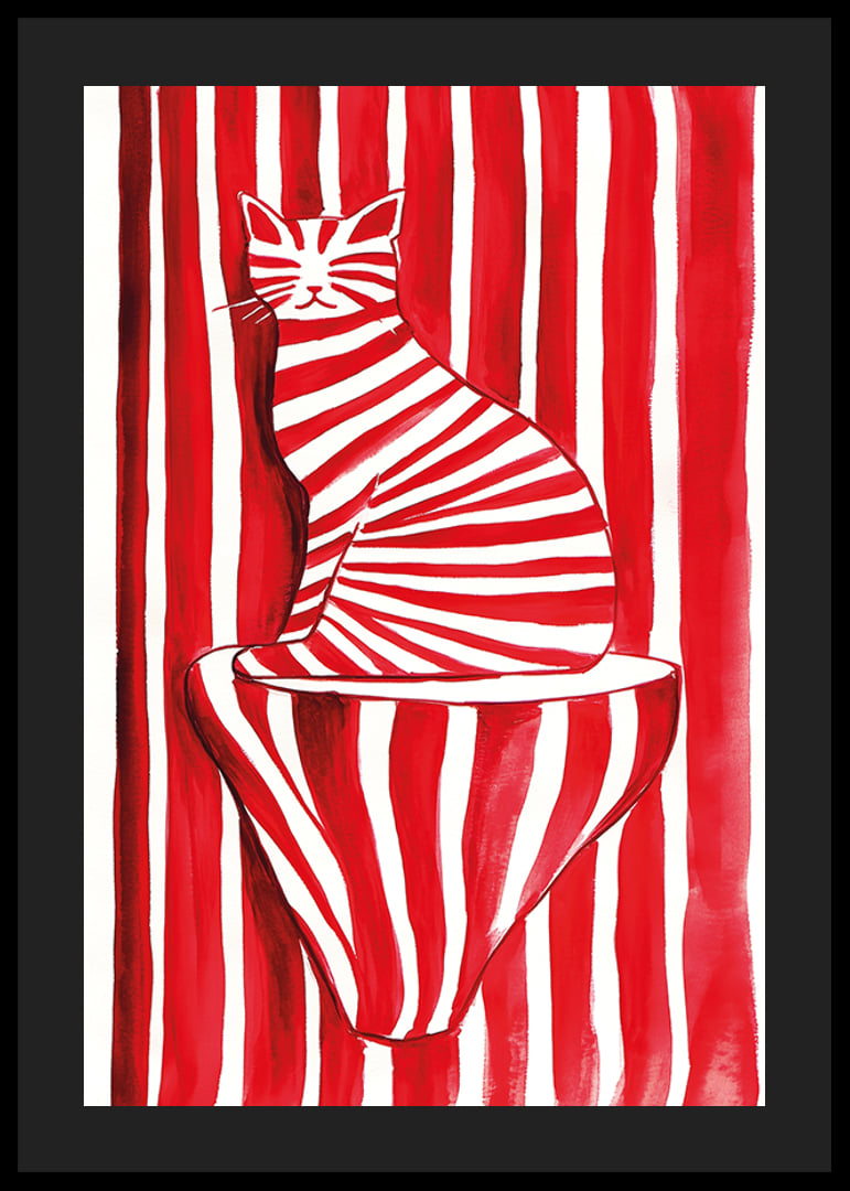 A tabby cat blends with red and white stripes in a playful pattern-12
