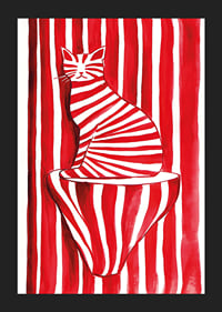 A tabby cat blends with red and white stripes in a playful pattern-5