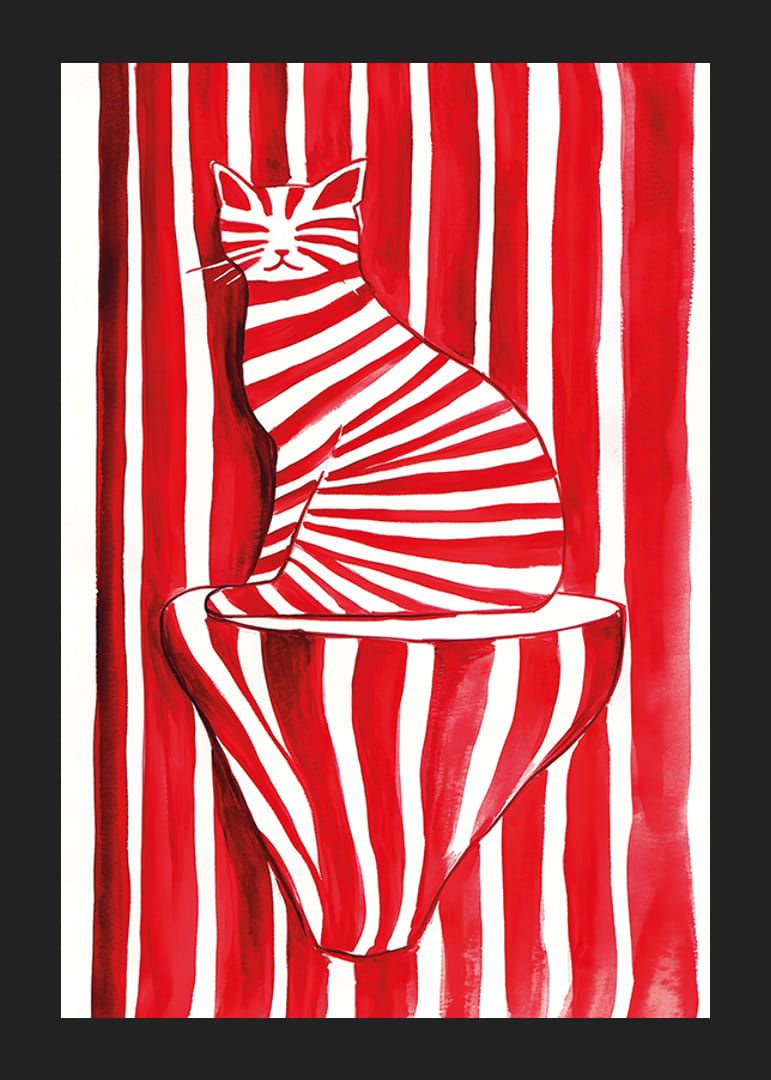 En strimmig katt smälter samman med rödvita ränder i ett lekfullt mönster-12