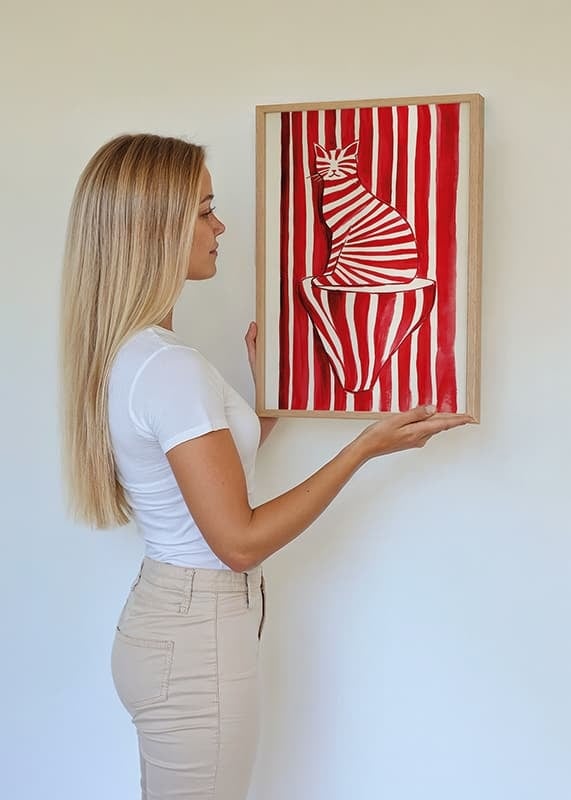 A tabby cat blends with red and white stripes in a playful pattern-12