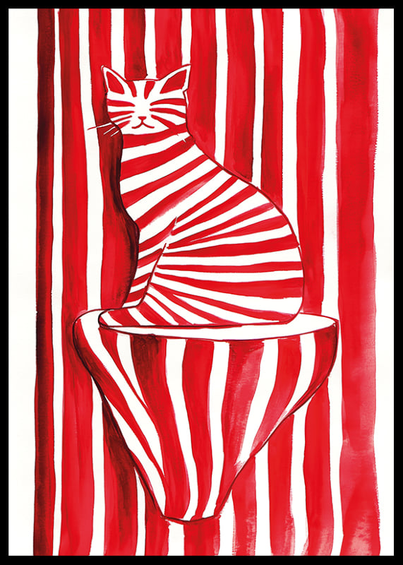 A tabby cat blends with red and white stripes in a playful pattern-12
