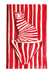 A tabby cat blends with red and white stripes in a playful pattern-1