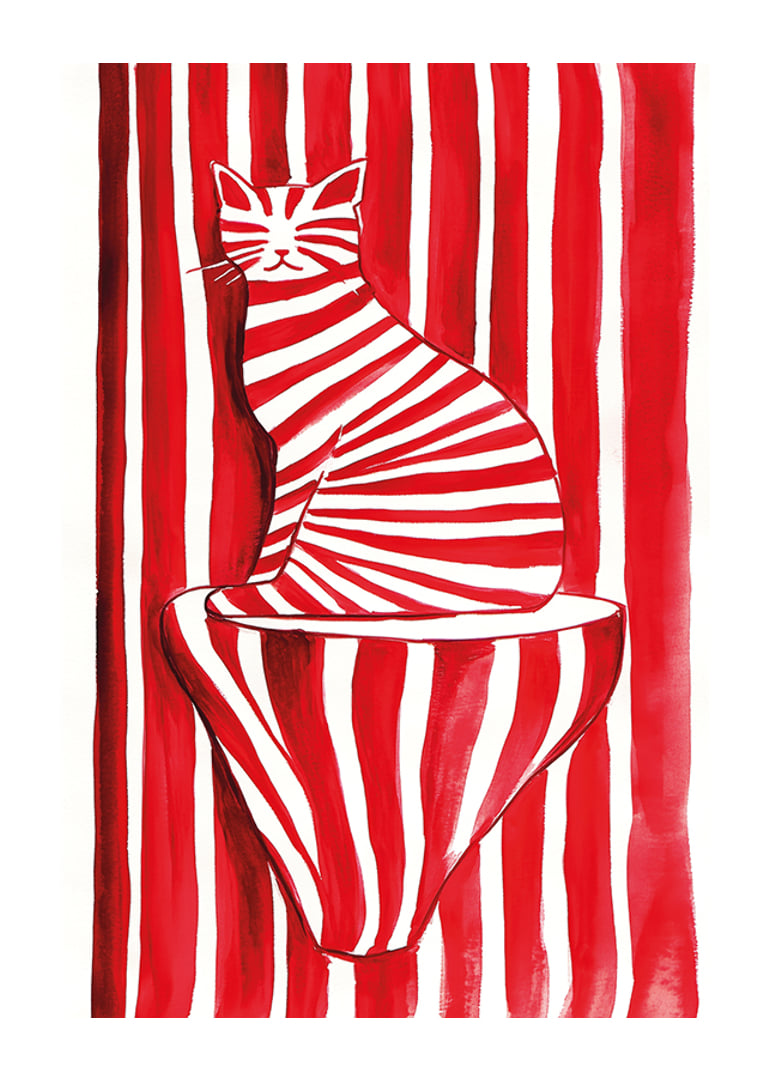 A tabby cat blends with red and white stripes in a playful pattern-12