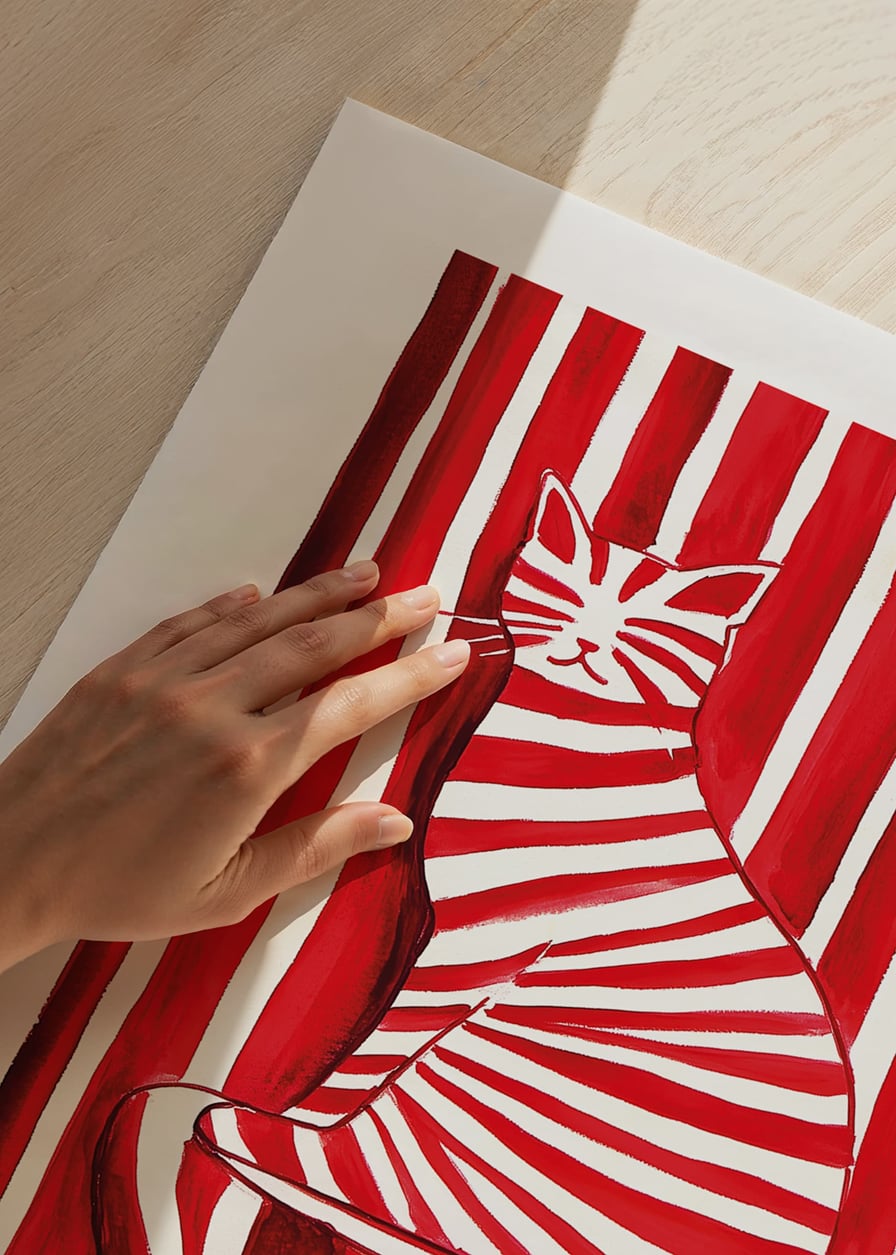 A tabby cat blends with red and white stripes in a playful pattern-12