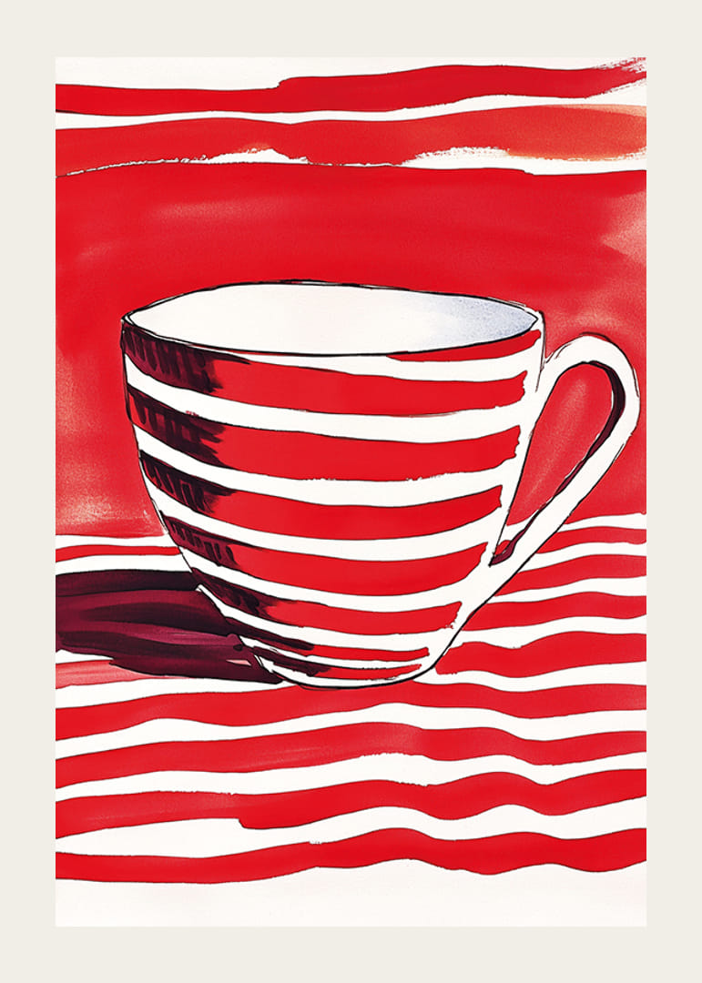 Červené prúžky vytvárajú živý kontrast v tomto podmanivom motíve šálky-12