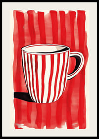 Caneca cativante vermelha e branca contra um padrão de fundo listrado vibrante-2