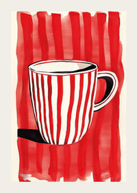 Caneca cativante vermelha e branca contra um padrão de fundo listrado vibrante-3