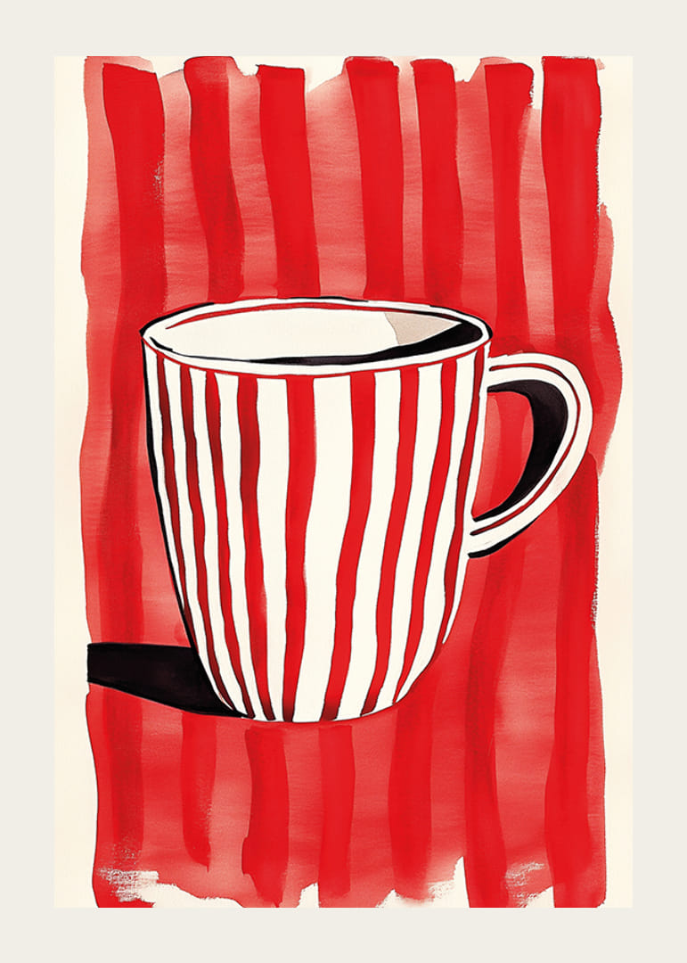 Caneca cativante vermelha e branca contra um padrão de fundo listrado vibrante-12
