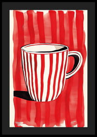 Caneca cativante vermelha e branca contra um padrão de fundo listrado vibrante-4