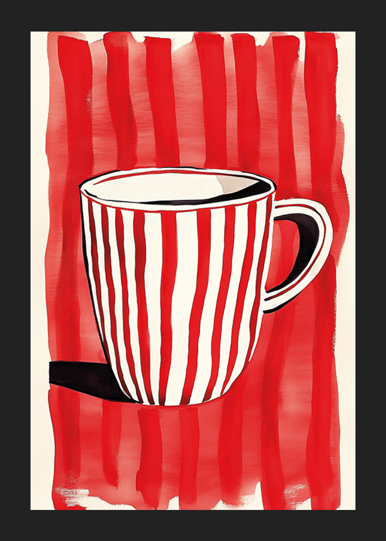 Caneca cativante vermelha e branca contra um padrão de fundo listrado vibrante-12