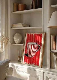 Captivating red and white mug against vibrant striped background pattern-8