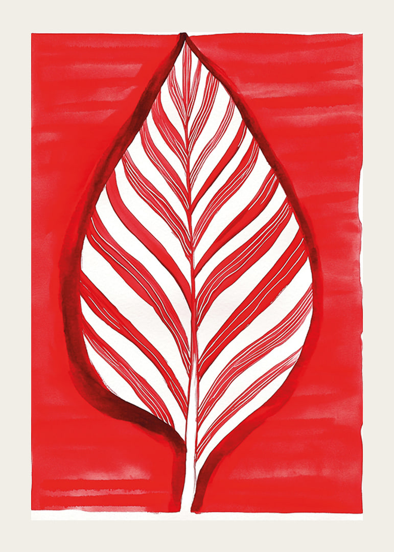 A bold leaf motif in red contrast creates vibrant energy-12