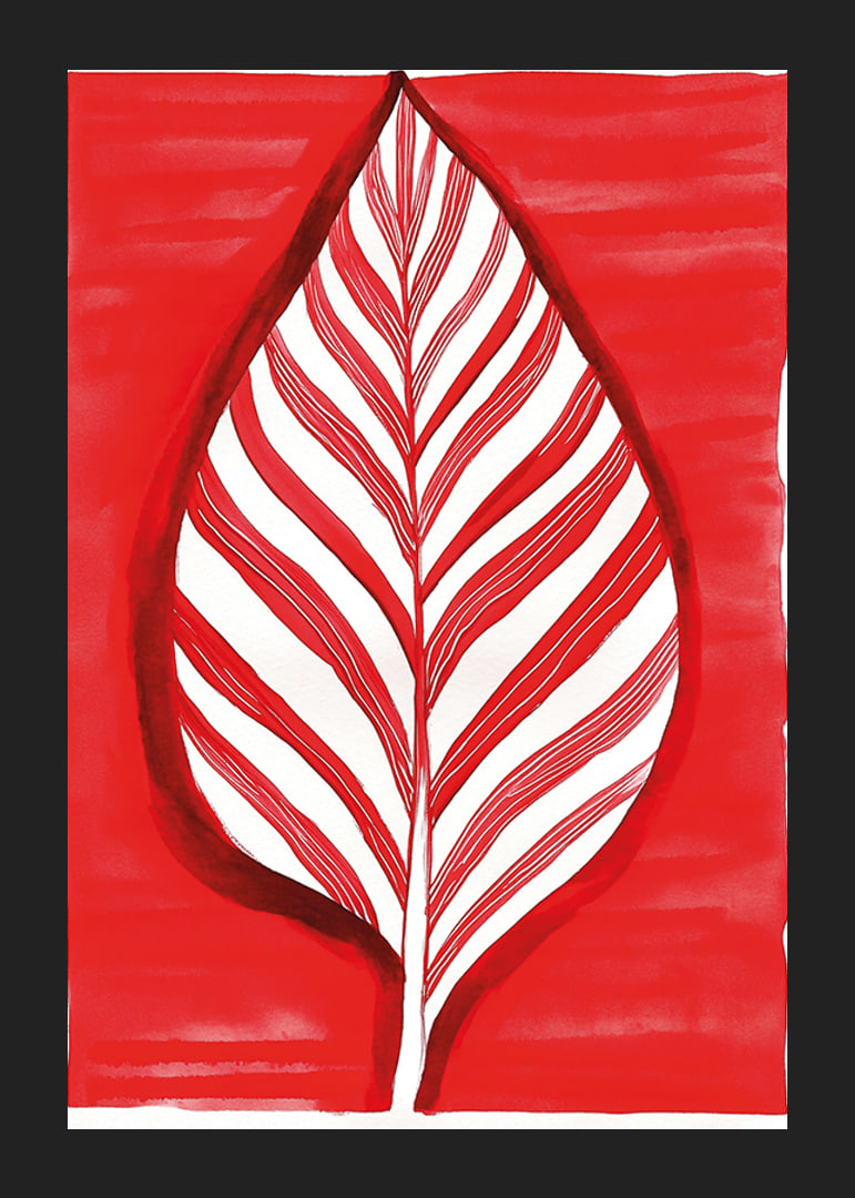 A bold leaf motif in red contrast creates vibrant energy-12