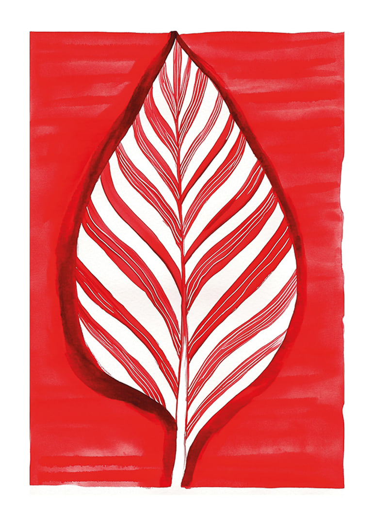A bold leaf motif in red contrast creates vibrant energy-12