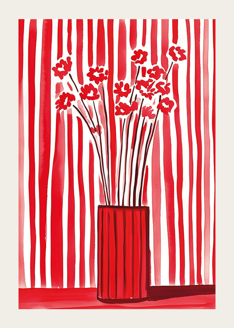 Flowers in vase captured against dynamic red-and-white striped background-12