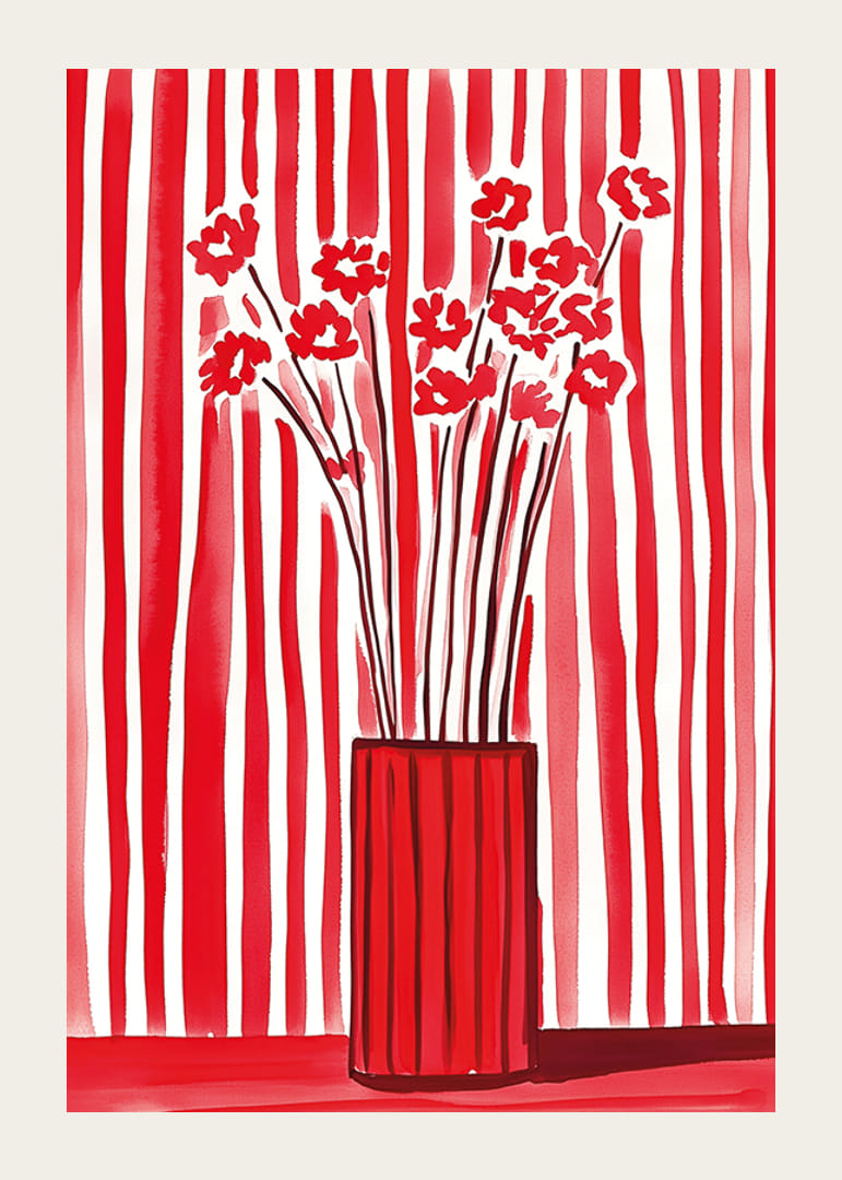 Blomster i vase tatt mot dynamisk rød-hvit stripete bakgrunn-12