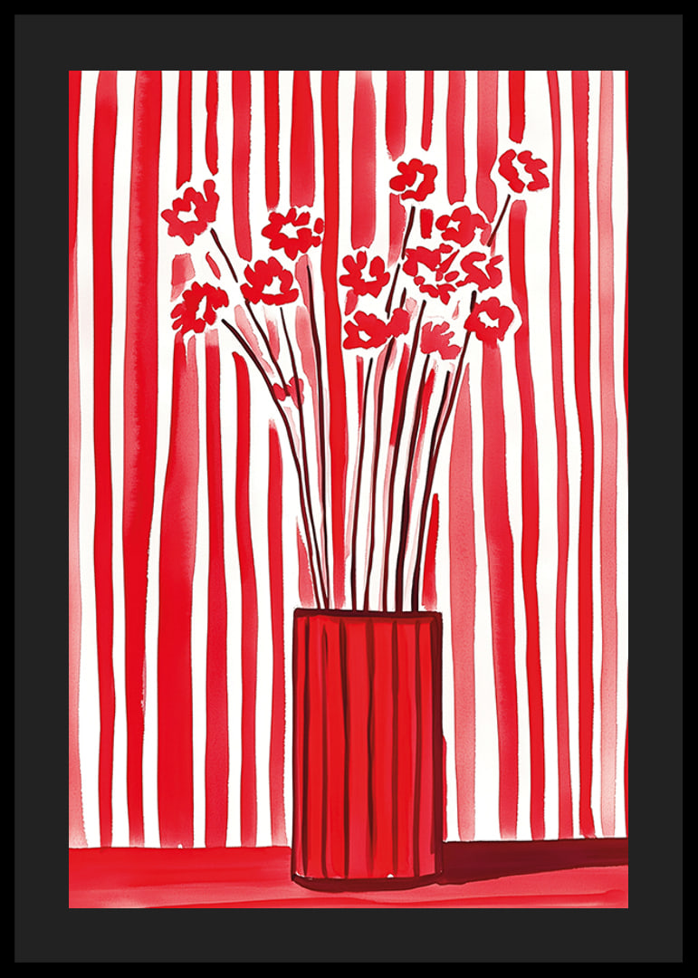 Flowers in vase captured against dynamic red-and-white striped background-12