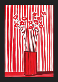 Blomster i vase tatt mot dynamisk rød-hvit stripete bakgrunn-5