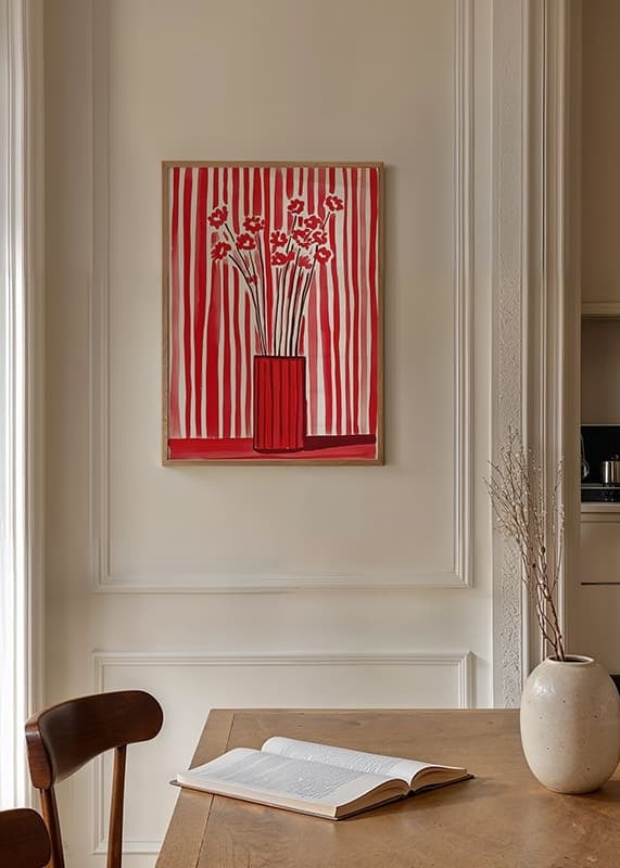 Flowers in vase captured against dynamic red-and-white striped background-12