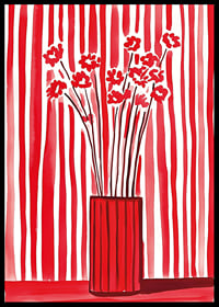 Flowers in vase captured against dynamic red-and-white striped background-6