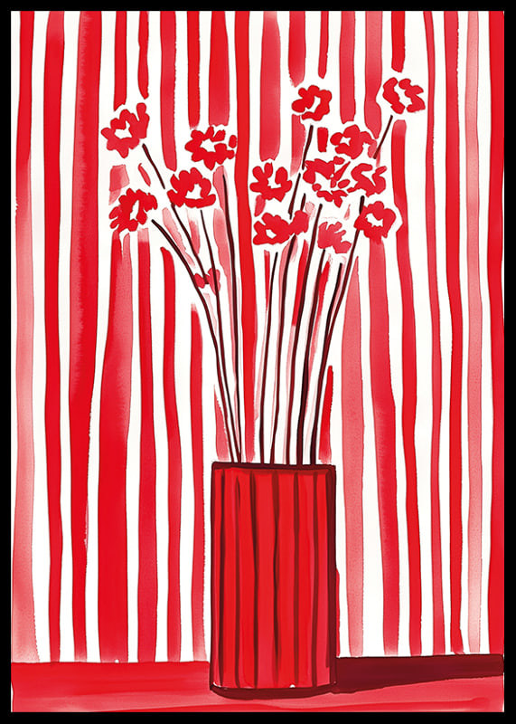 Flowers in vase captured against dynamic red-and-white striped background-12