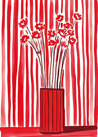 Flowers in vase captured against dynamic red-and-white striped background-7