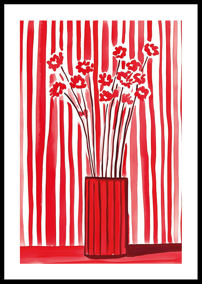 Flowers in vase captured against dynamic red-and-white striped background-12