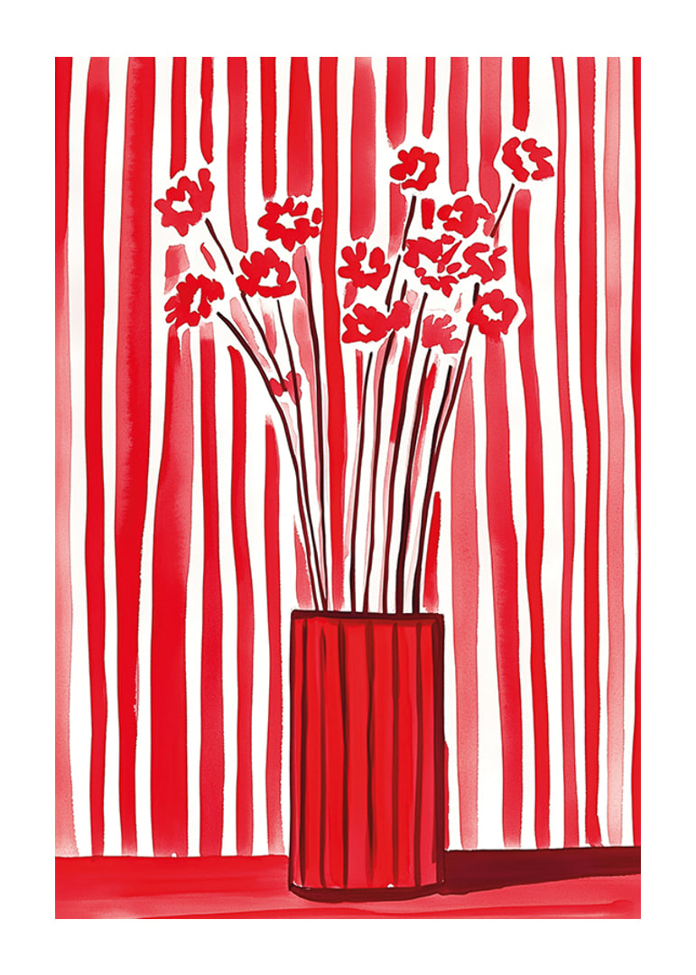 Flowers in vase captured against dynamic red-and-white striped background-12