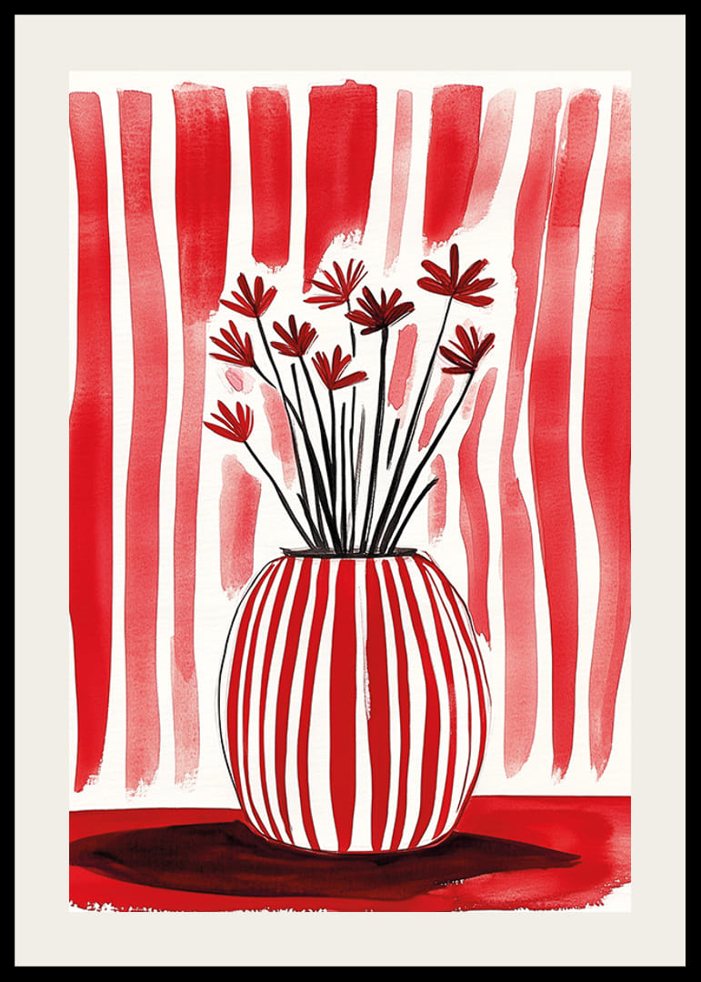 Výrazné červeno-biele pruhy oživia štylizované kvety v elegantnej váze-12