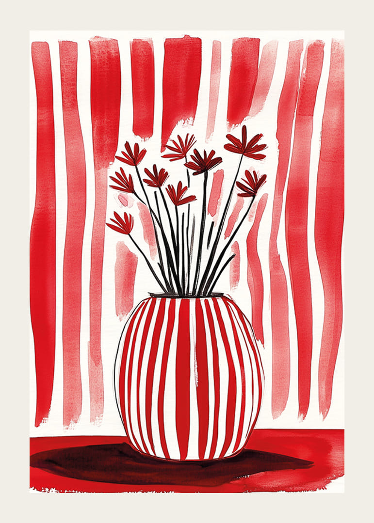 Výrazné červeno-biele pruhy oživia štylizované kvety v elegantnej váze-12