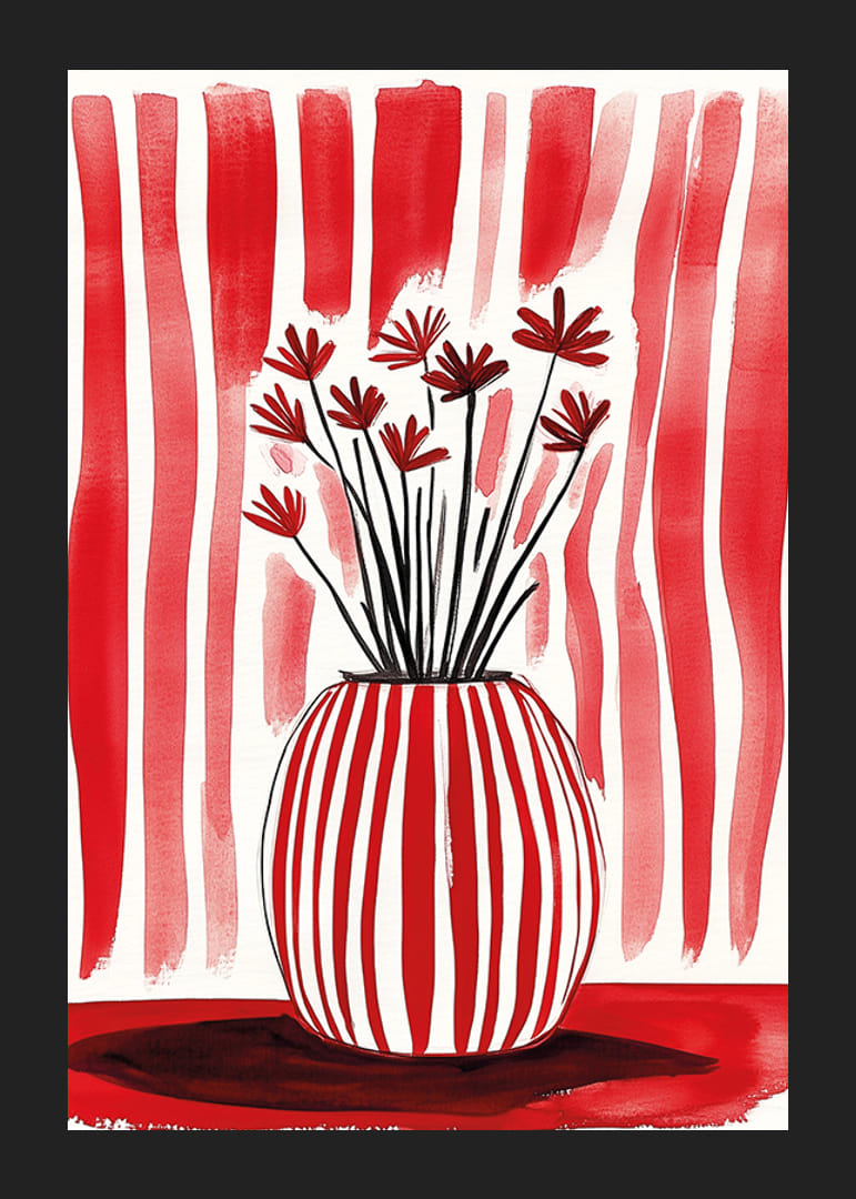 Výrazné červeno-biele pruhy oživia štylizované kvety v elegantnej váze-12