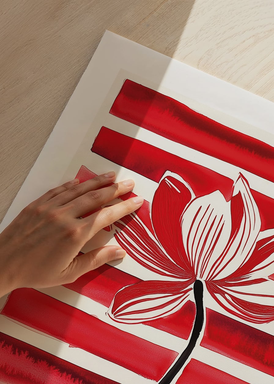 A stylish lotus flower floats against dynamic red stripes-12