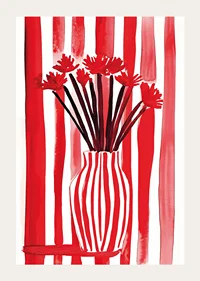 En djärv poster där röda ränder omfamnar blommor i en vas-3