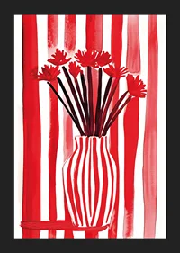 En djärv poster där röda ränder omfamnar blommor i en vas-5