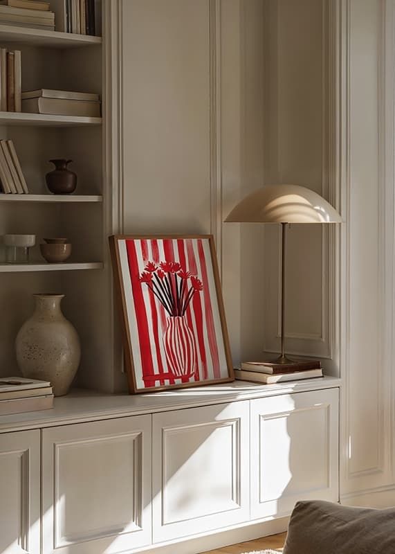 A bold poster where red stripes embrace flowers in a vase-12