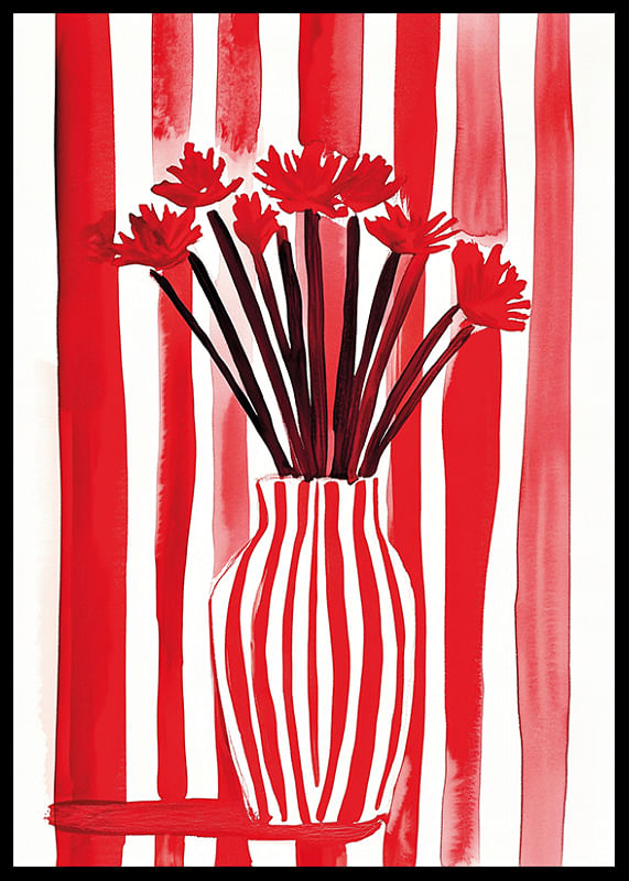 A bold poster where red stripes embrace flowers in a vase-12