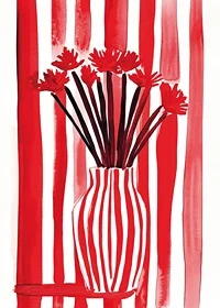 En djärv poster där röda ränder omfamnar blommor i en vas-7