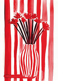 A bold poster where red stripes embrace flowers in a vase-3